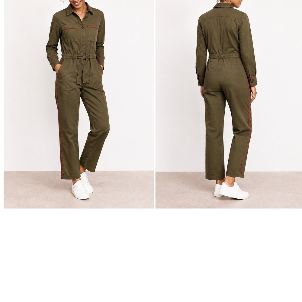 Boden Zada Olive Green Cotton Utility Boiler Suit Jumpsuit Red Piping US 10T